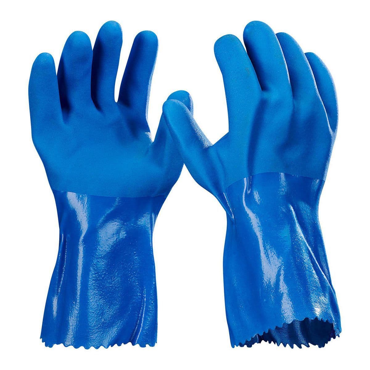 Blue industrial PVC gauntlet gloves shown from palm and back views