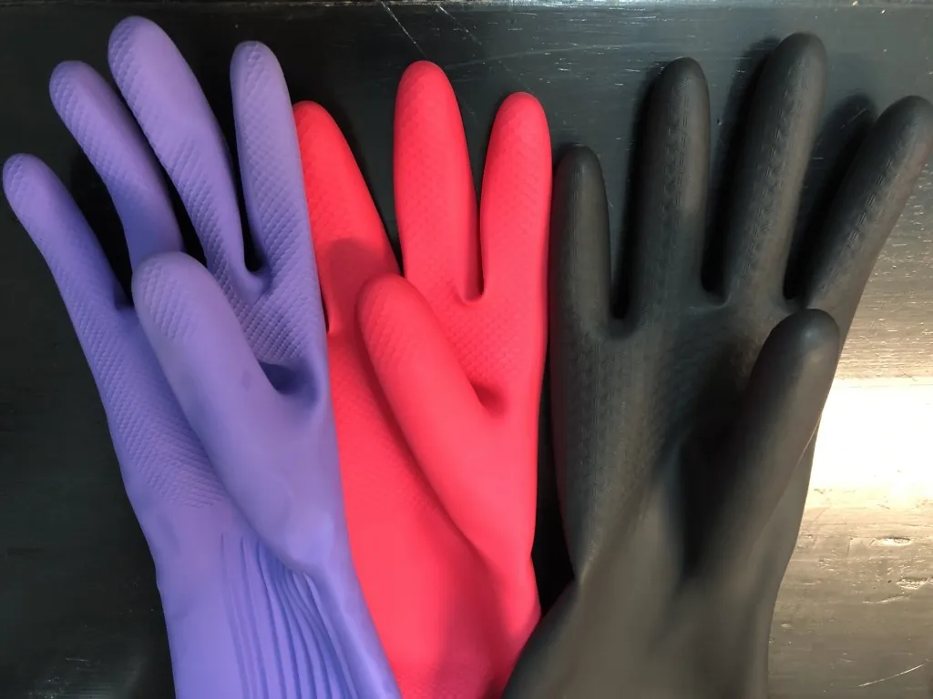 Purple, red and black rubber glove samples