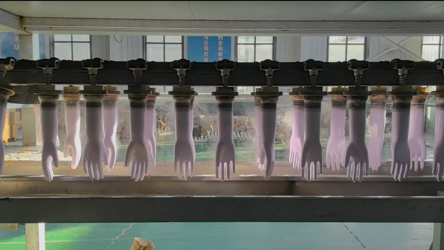 Purple rubber gloves moving through the production line