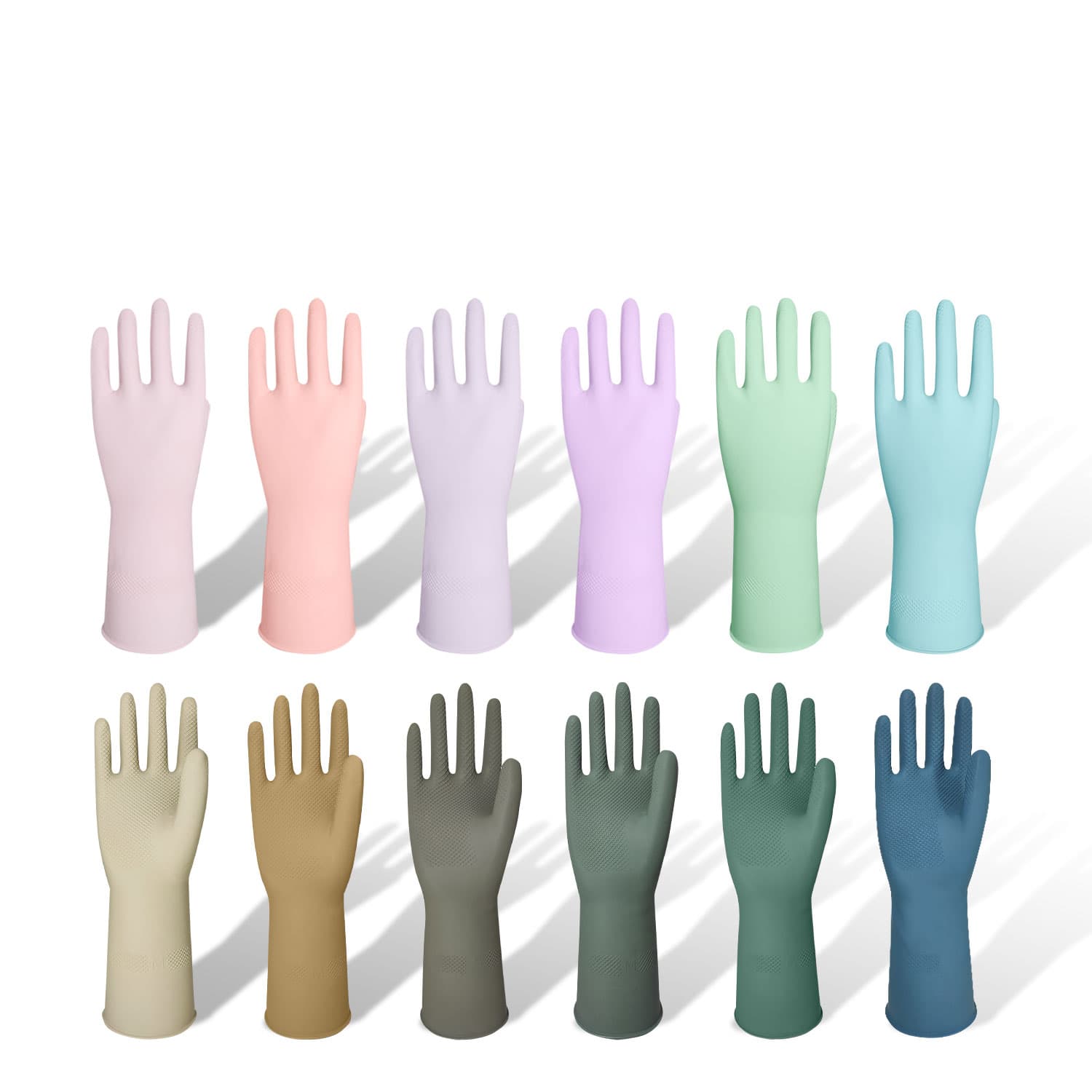 RHH-33 household latex gloves shown in twelve documented colors