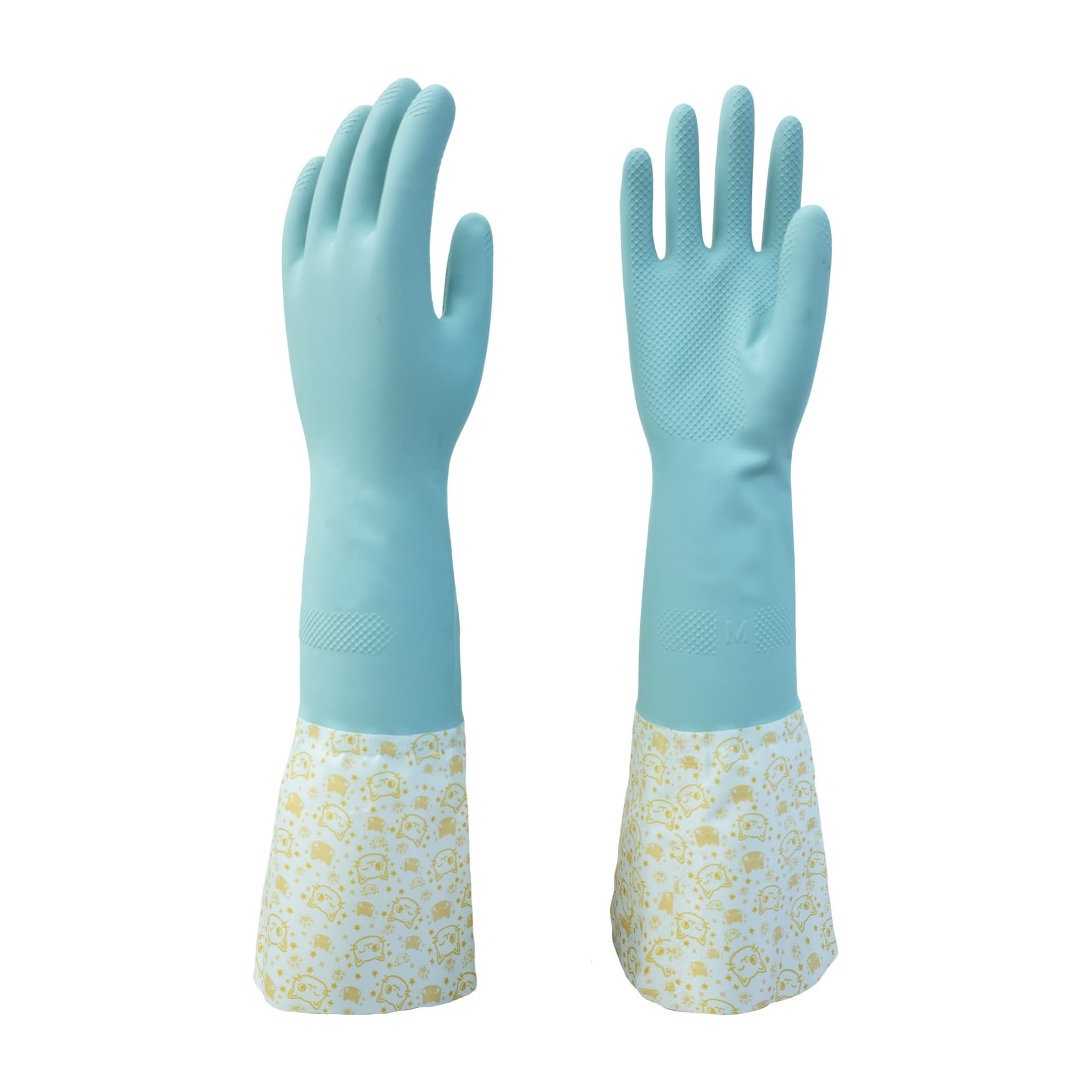 Blue household latex gloves with textured palms and a decorative cuff.