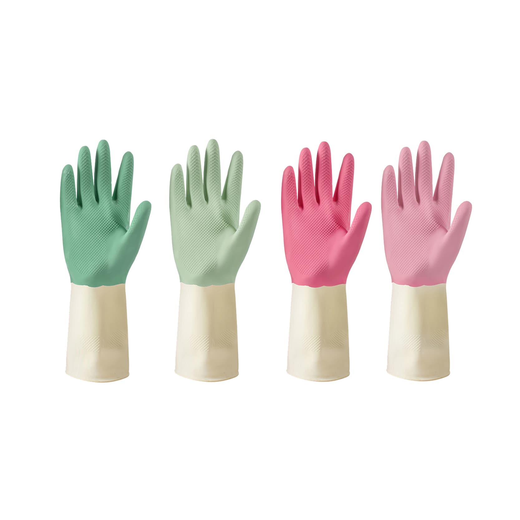 Two-tone household latex gloves shown in multiple color combinations.
