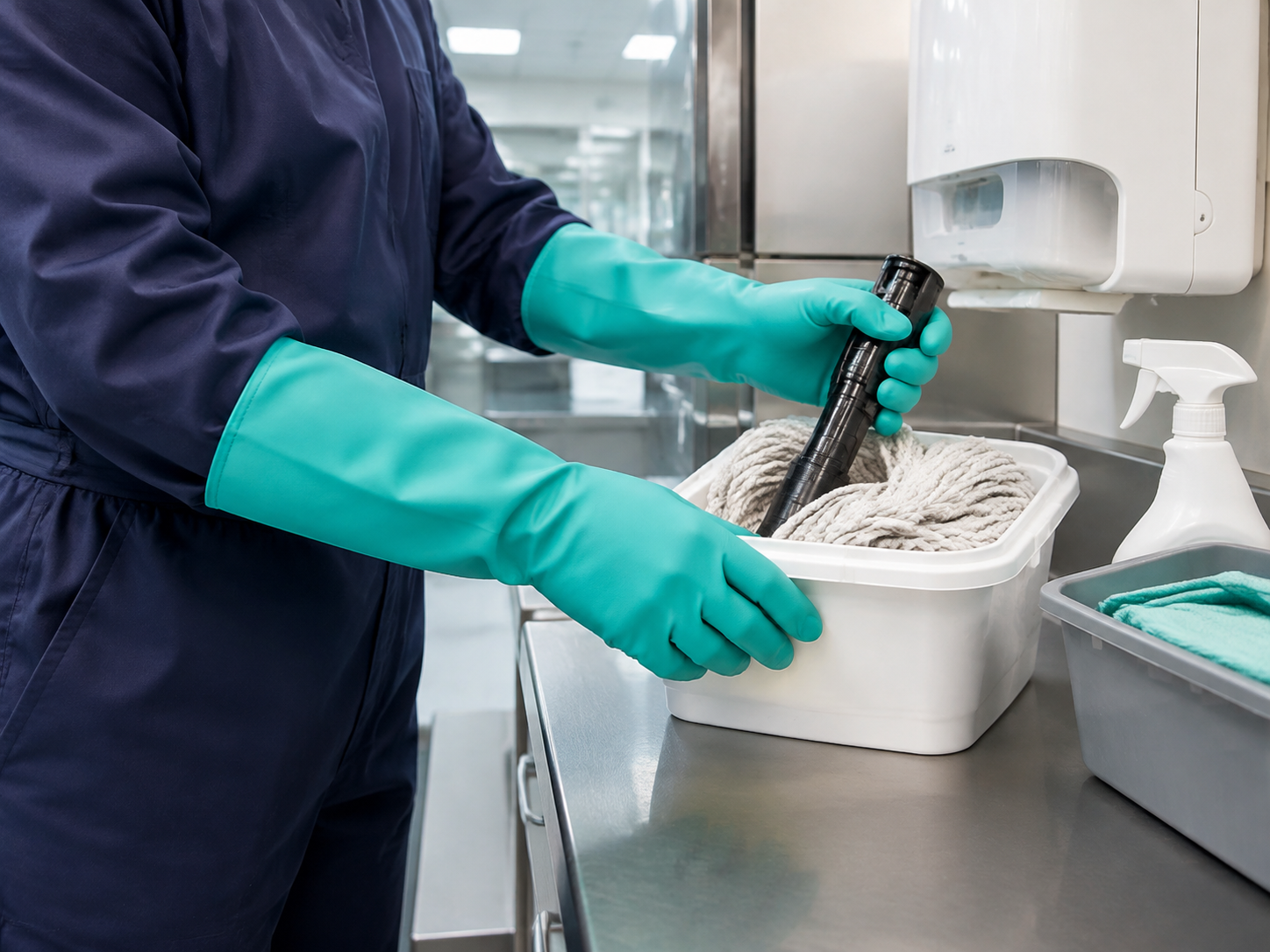 Teal long-cuff rubber gloves used in a professional cleaning preparation area