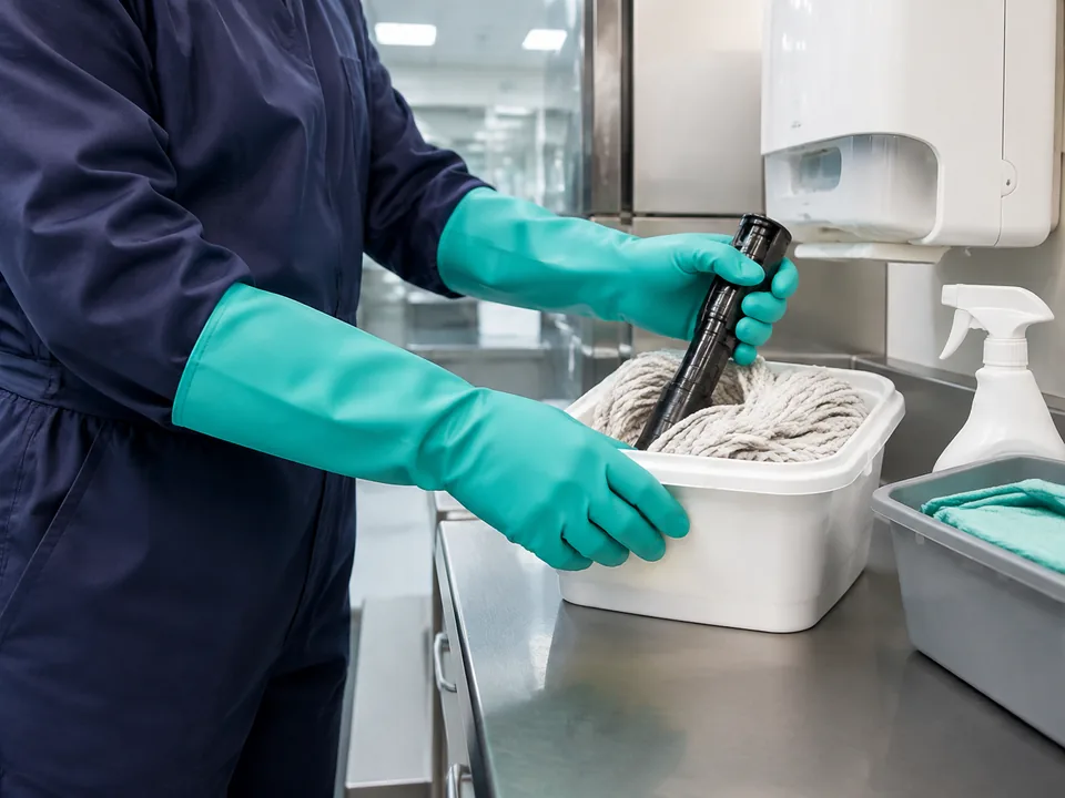 Teal long-cuff rubber gloves used in a professional cleaning preparation area