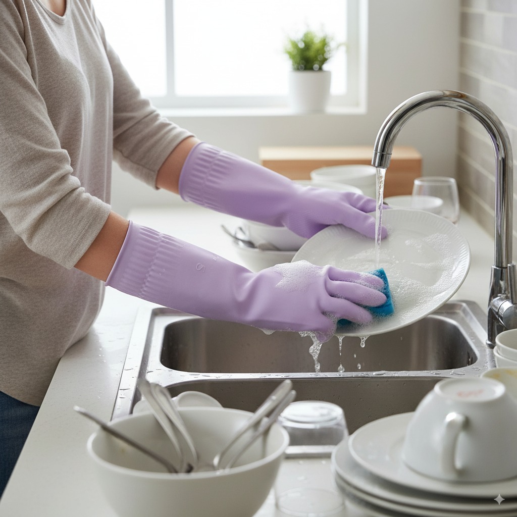 Lavender rubber gloves washing a dish at a kitchen sink