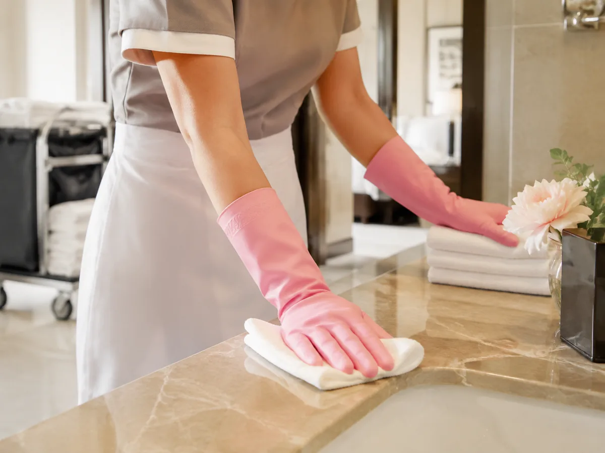 Hotel housekeeper wearing pink rubber gloves while cleaning a vanity