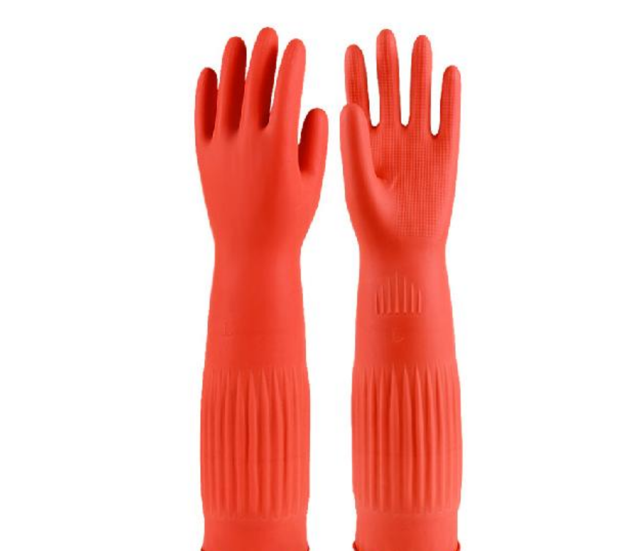 Pair of red latex household gloves on a white background