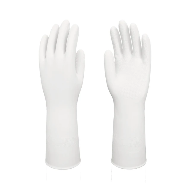 Pair of white nitrile household gloves on a white background