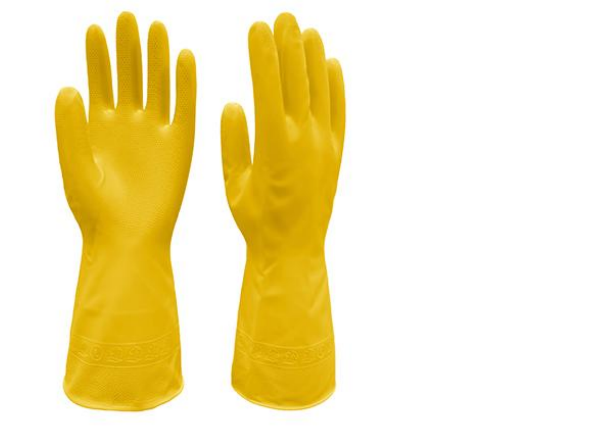 Pair of yellow PVC household gloves on a white background